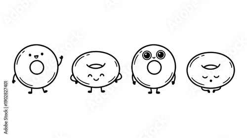 bagel , 4 cute black Hand drawn line art cartoon vector, white background. PNG and SVG