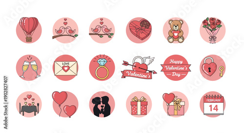 Valentine's Day Collection of Icons Featuring Hearts, Love Symbols, Gifts, and Romantic Themes for Celebrations