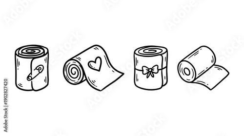 bandage roll , 4 cute black Hand drawn line art cartoon vector, white background. PNG and SVG