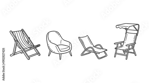 beach chair , 4 cute black Hand drawn line art cartoon vector, white background. PNG and SVG