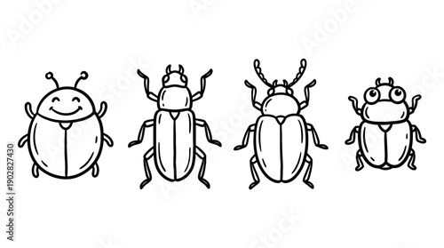 beetle , 4 cute black Hand drawn line art cartoon vector, white background. PNG and SVG
