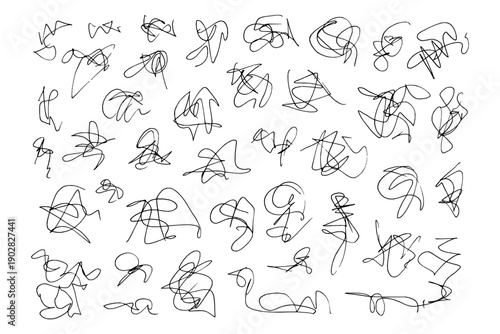 Set of hand drawn scribble pen black line. Sloppy hatching, highlighter for trend modern design. Scratch texture sketchy graphic design element. Template vector illustration ballpoint round swirl.