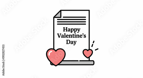 Festive vector graphic showcasing a heartfelt 'Happy Valentine's Day' message on a document, complemented by two sweet pink hearts, ideal for celebrating love and romantic affection