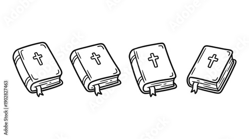 bible , 4 cute black Hand drawn line art cartoon vector, white background. PNG and SVG