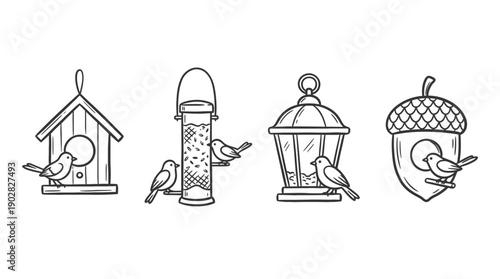 bird feeder , 4 cute black Hand drawn line art cartoon vector, white background. PNG and SVG
