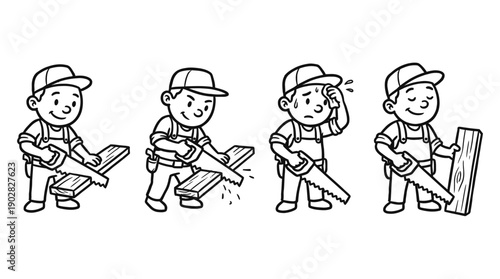carpenter using a hand saw , 4 cute black Hand drawn line art cartoon vector, white background. PNG and SVG