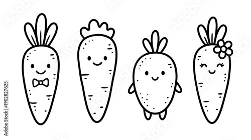 carrot , 4 cute black Hand drawn line art cartoon vector, white background. PNG and SVG