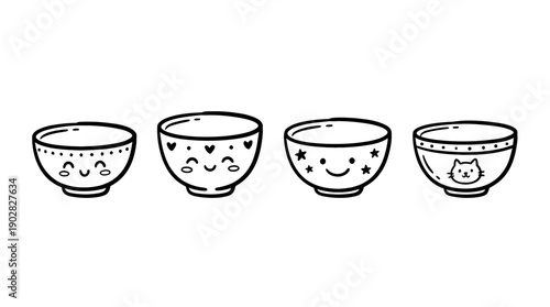 ceramic bowl , 4 cute black Hand drawn line art cartoon vector, white background. PNG and SVG