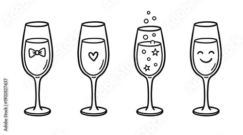 champagne glasses , 4 cute black Hand drawn line art cartoon vector, white background. PNG and SVG