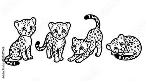 cheetah , 4 cute black Hand drawn line art cartoon vector, white background. PNG and SVG