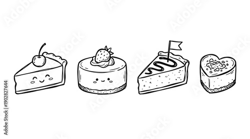 cheesecake , 4 cute black Hand drawn line art cartoon vector, white background. PNG and SVG