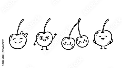 cherry , 4 cute black Hand drawn line art cartoon vector, white background. PNG and SVG