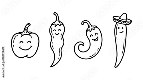 chili pepper , 4 cute black Hand drawn line art cartoon vector, white background. PNG and SVG