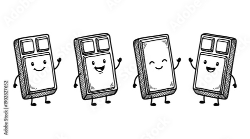 chocolate bar , 4 cute black Hand drawn line art cartoon vector, white background. PNG and SVG