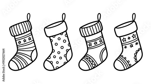 christmas stocking , 4 cute black Hand drawn line art cartoon vector, white background. PNG and SVG