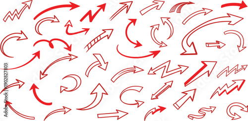 Collection of various red arrows pointing in different directions on a white background viewed from directly above