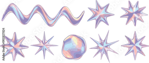 A collection of holographic stars and shapes in a minimalist composition on a plain background from a direct viewpoint