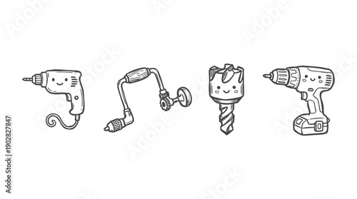 drill , 4 cute black Hand drawn line art cartoon vector, white background. PNG and SVG