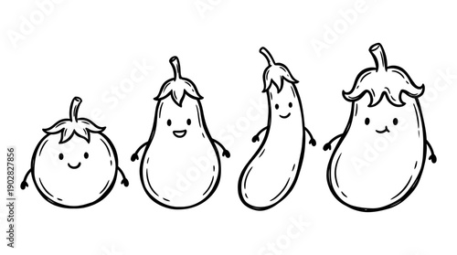 eggplant , 4 cute black Hand drawn line art cartoon vector, white background. PNG and SVG