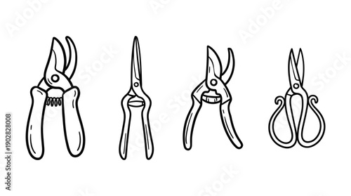 garden shears , 4 cute black Hand drawn line art cartoon vector, white background. PNG and SVG