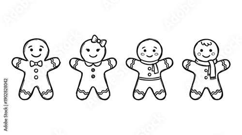 gingerbread , 4 cute black Hand drawn line art cartoon vector, white background. PNG and SVG