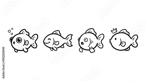 goldfish , 4 cute black Hand drawn line art cartoon vector, white background. PNG and SVG