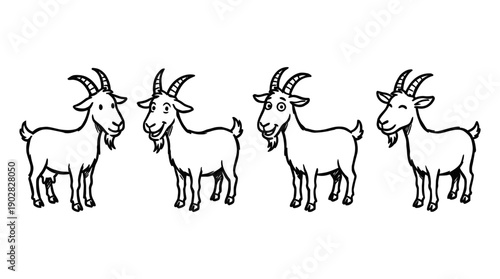 goat , 4 cute black Hand drawn line art cartoon vector, white background. PNG and SVG