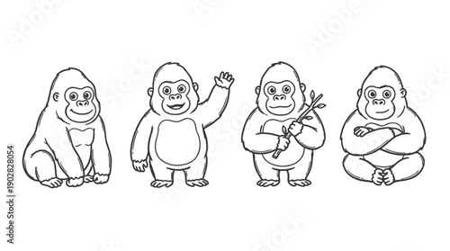 gorilla , 4 cute black Hand drawn line art cartoon vector, white background. PNG and SVG