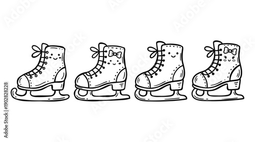 ice skates , 4 cute black Hand drawn line art cartoon vector, white background. PNG and SVG