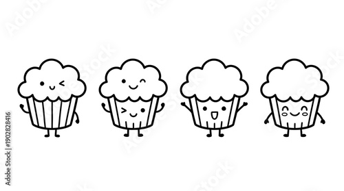 muffin , 4 cute black Hand drawn line art cartoon vector, white background. PNG and SVG
