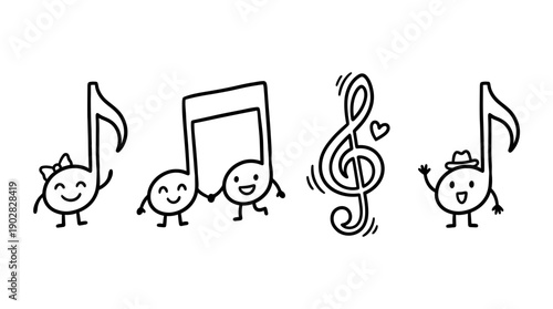 music note sheet , 4 cute black Hand drawn line art cartoon vector, white background. PNG and SVG