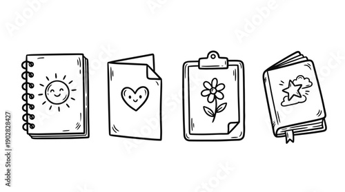 notepad , 4 cute black Hand drawn line art cartoon vector, white background. PNG and SVG