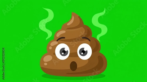 A surprised brown poop emoji character steaming in a funny 2d illustration on a bright green chroma key background.