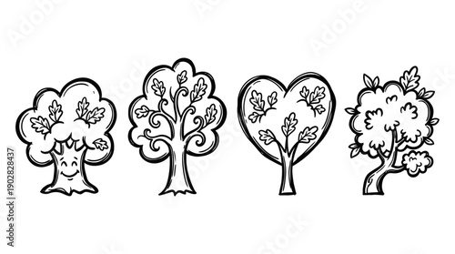 oak tree , 4 cute black Hand drawn line art cartoon vector, white background. PNG and SVG