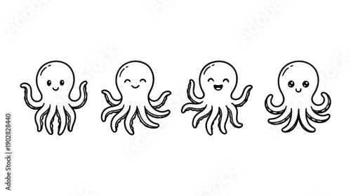 octopus , 4 cute black Hand drawn line art cartoon vector, white background. PNG and SVG