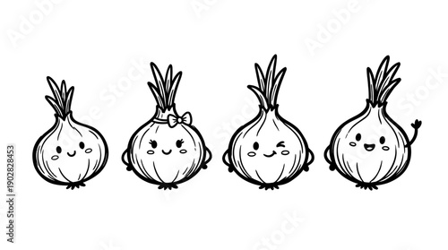 onion , 4 cute black Hand drawn line art cartoon vector, white background. PNG and SVG