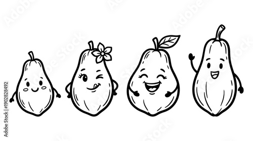 papaya , 4 cute black Hand drawn line art cartoon vector, white background. PNG and SVG