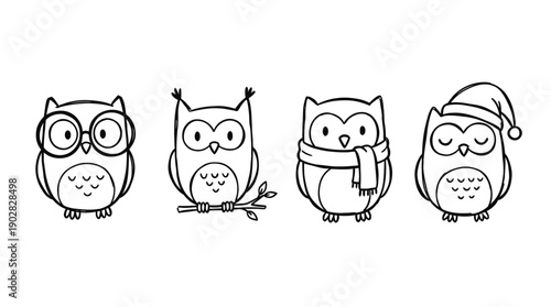 owl , 4 cute black Hand drawn line art cartoon vector, white background. PNG and SVG