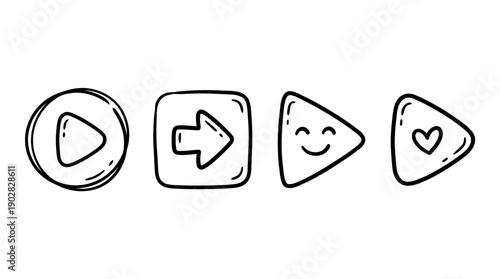 play button , 4 cute black Hand drawn line art cartoon vector, white background. PNG and SVG