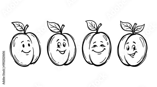 plum , 4 cute black Hand drawn line art cartoon vector, white background. PNG and SVG