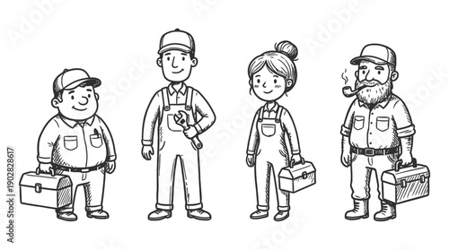 plumber carrying a toolbox , 4 cute black Hand drawn line art cartoon vector, white background. PNG and SVG
