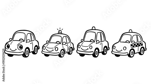 police car , 4 cute black Hand drawn line art cartoon vector, white background. PNG and SVG