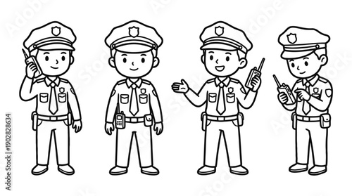 police officer with a radio , 4 cute black Hand drawn line art cartoon vector, white background. PNG and SVG