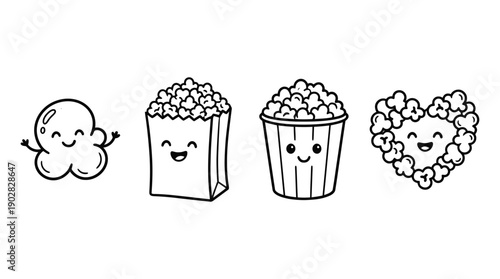 popcorn , 4 cute black Hand drawn line art cartoon vector, white background. PNG and SVG