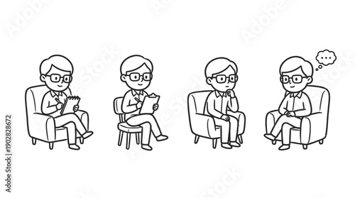 psychologist sitting on a chair , 4 cute black Hand drawn line art cartoon vector, white background. PNG and SVG