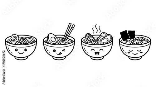 ramen , 4 cute black Hand drawn line art cartoon vector, white background. PNG and SVG