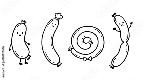 sausage , 4 cute black Hand drawn line art cartoon vector, white background. PNG and SVG