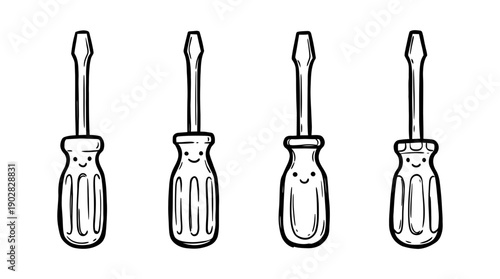 screwdriver , 4 cute black Hand drawn line art cartoon vector, white background. PNG and SVG