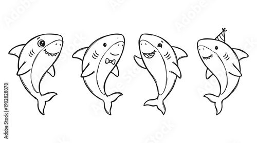 shark , 4 cute black Hand drawn line art cartoon vector, white background. PNG and SVG
