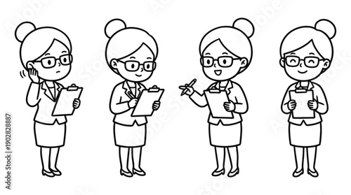 secretary holding a clipboard , 4 cute black Hand drawn line art cartoon vector, white background. PNG and SVG